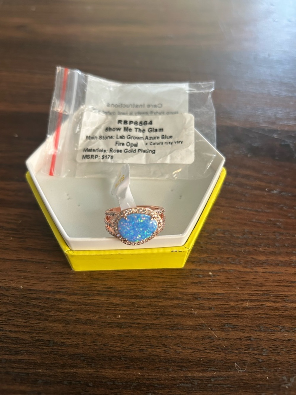 Bomb Party Ring RBP6564 Show Me The Glam Azure Blue Fire Opal Rose Gold Size 7